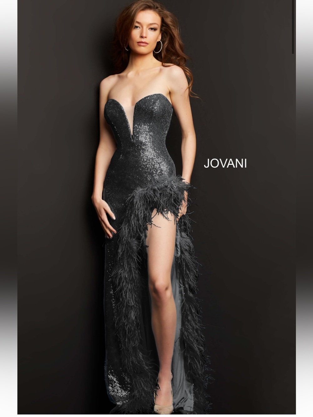 Jovani 07068 Black Strapless Sequin Feather-Trim Gown